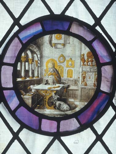 St Jerome, 16th century Flemish stained glass roundel,  Begbroke Church, Oxfordshire, England, Great Britain