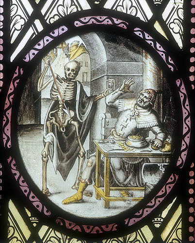 Grim Reaper accosting a victim, sixteenth to seventeenth century Flemish roundel, St Mary