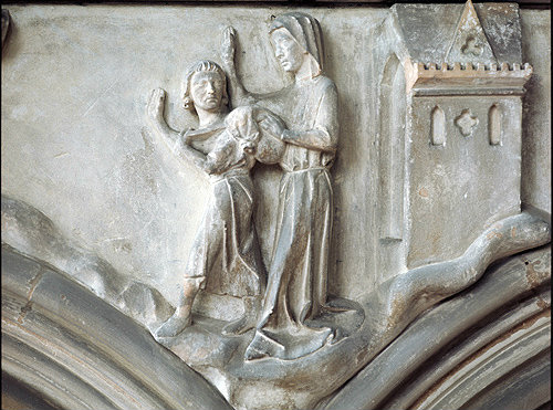 Rebecca sending Jacob to Paddan Aram, relief sculpture, Salisbury Cathedral, Salisbury, England