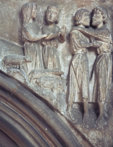 Meeting of Jacob and Esau, medieval relief number 34 Chapter House, Salisbury Cathedral, 14th century