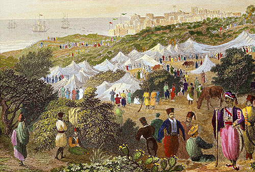 Ibrahim Pashas camp at Joppa,  1840 engraving by W H Bartlett painted by Laura Lushington