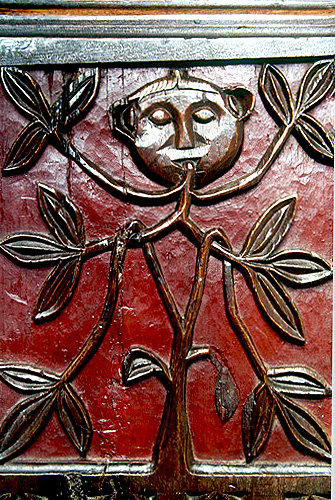 Green Man bench end, 16th century, Church of St Mary the Virgin, Bishops Lydeard, Somerset, England