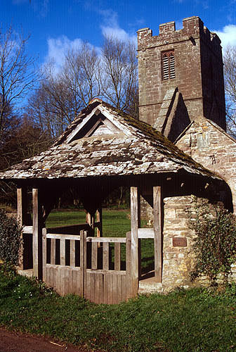 Lych gate, fifteenth century, ruined church of St John the Baptist, Llanwarne, Herefordshire, England
