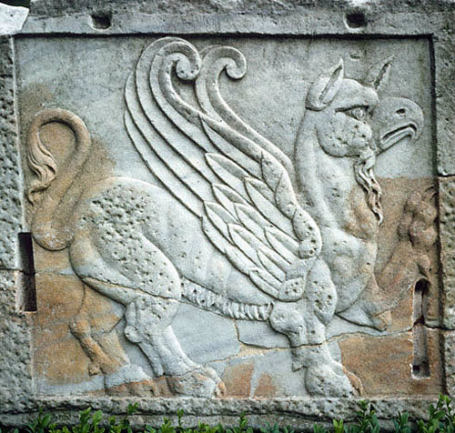 Griffon, relief of heraldic beast on marble Roman sarcophagus, circa 100, Cliveden House, Buckinghamshire, England