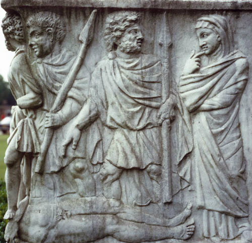 Detail from stories of Theseus, relief on marble Roman sarcophagus, circa 240-250, bought in Rome by Lord Astor, Cliveden House, Buckingamshire, England