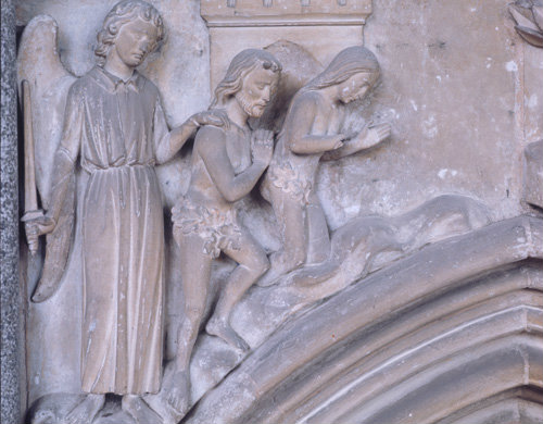 The Expulsion of Adam and Eve from Eden medieval stone relief number 11 Chapter House Salisbury Cathedral