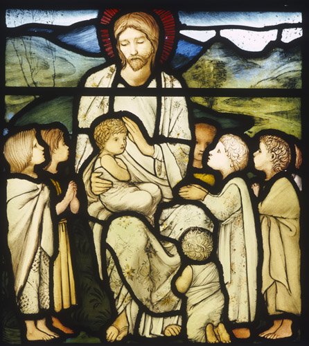Christ blessing the little children,19th century stained glass by Edward Burne-Jones from William Morris studio, Church of St Martin, Brampton, Cumbria, England, Great Britain