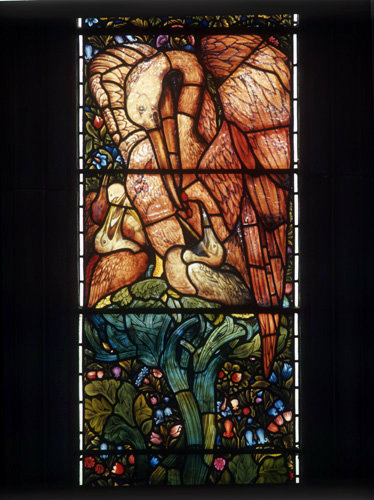 Pelican in its piety, feeding young with own blood, detail, East window, by Burne-Jones, 1887, St Martin