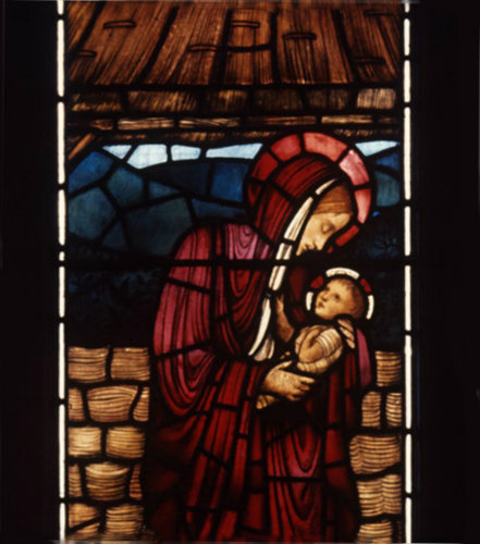 Mary and Christ child, detail of Nativity window by Edward Burne-Jones, 1881, All Hallows Church,  Allerton, Liverpool, Lancashire, England
