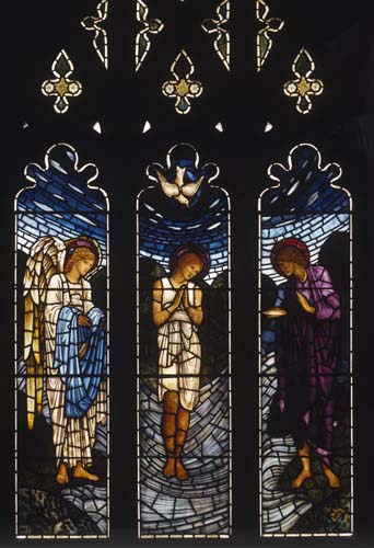 Baptism of Jesus, 19th century stained glass by Edward Burne-Jones, All Hallows Church, Allerton, Liverpool, England, Great Britain