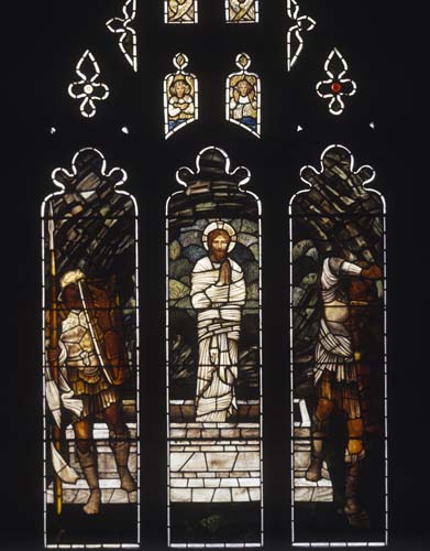 Resurrection of Christ, 19th century stained glass by Edward Burne-Jones, Church of All Hallows, Allerton, Liverpool, England, Great Britain