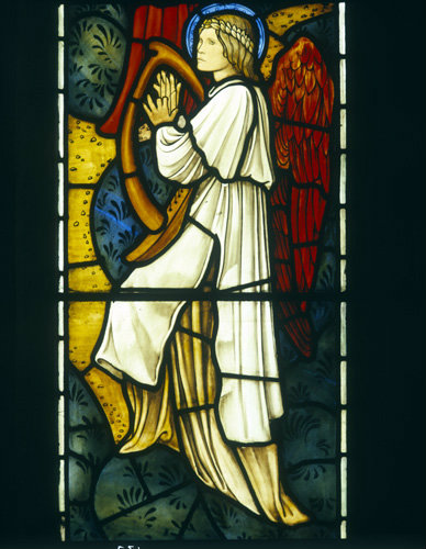 Angel with harp, detail, angels of Paradise window, by Edward Burne-Jones, 1881, All Hallows Church, Allerton, Liverpool, Lancashire, England