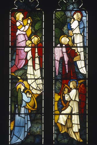 Angels of Paradise by Edward Burne-Jones, 19th century stained glass, Church of All Hallows, Allerton, Liverpool, England, Great Britain