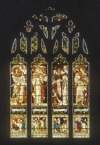 Four evangelists with their symbols, West window, by Edward Burne-Jones, 1879, Al Hallows Church, Allerton, Liverpool, Lancashire, England