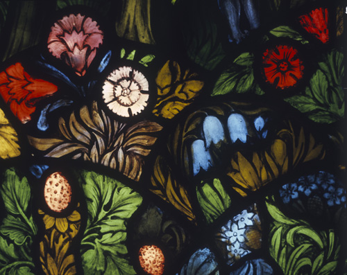 Flowers, detail from the Ascension window by Edward Burne-Jones, aisle of the Church of All Hallows, Allerton, Liverpool, England, Great Britain