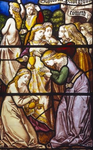 Parable of the ten virgins, 19th century stained glass, Church of All Saints, Hillesden, Buckinghamshire, England, Great Britain