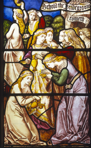 Parable of the Ten Virgins, 19th century stained glass, Church of All Saints, Hillesden, Buckinghamshire, England, Great Britain