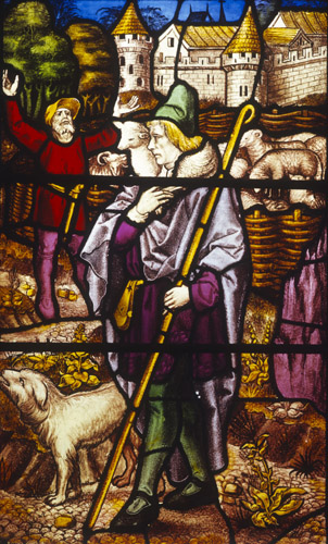 Parable of the Good Shepherd, 19th century stained glass, Church of All Saints, Hillesden, Buckinghamshire, England, Great Britain
