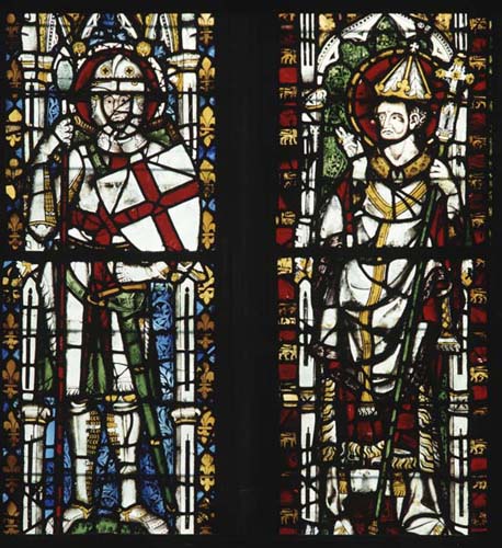 St George and St Leo, 14th century stained glass, north choir, Wells Cathedral, Somerset, England, Great Britain