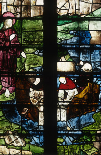 Jesus appearing to the Apostles on the shore of Galilee after The Resurrection detail from a stained glass window in Fairford Gloucestershire 15th century