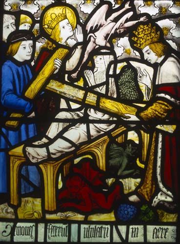 St Helena and the Cross, a woman possessed having the devils driven out, 15th century stained glass, Morley Church, Derbyshire, England, Great Britain