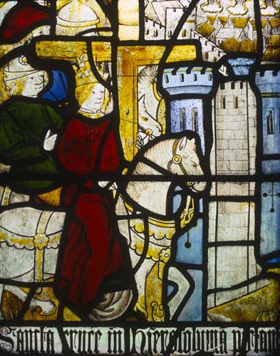 Queen Helena searching for the true cross, 15th century stained glass, Church of St Matthew, Morley, Derbyshire, England, Great Britain