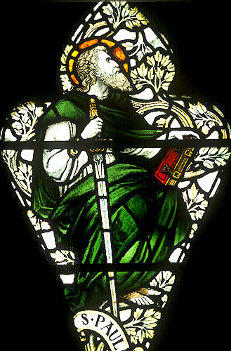 Saint Paul, detail in tracery of window no.3, south nave aisle, nineteenth century, by Powell, Exeter Cathedral, Devon, England