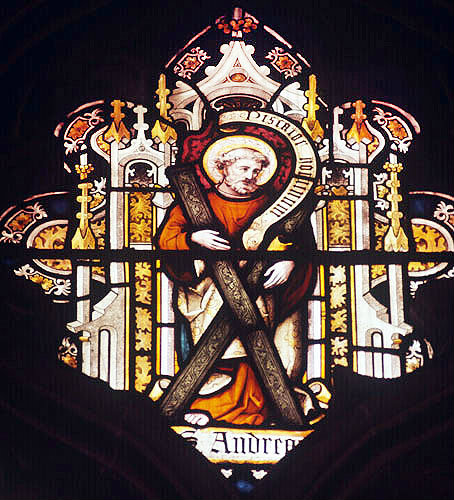 St Andrew with his saltire cross, 1885, Wells Cathedral, Somerset, England