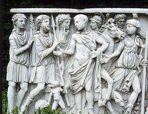 Theseus meets King Minos (bearded), marble Roman sarcophagus circa 240-250, bought in Rome by Lord Astor, Cliveden House, Buckinghamshire, England