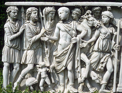 Theseus meets King Minos (bearded), marble Roman Sarcophagus, circa 240-250, bought in Rome by Lord Astor, Cliveden House, Buckinghamshire, England