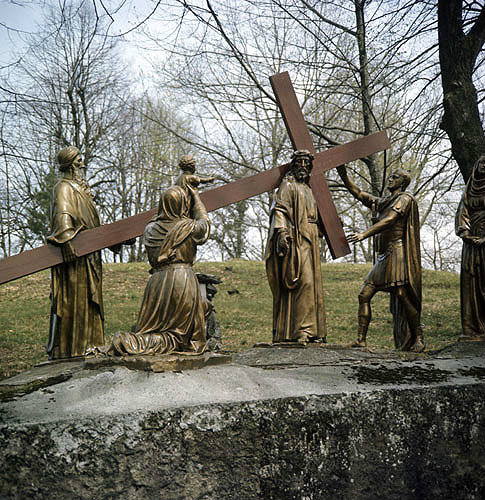 France, Lourdes, Calvary ninth station, Jesus falls for the third time