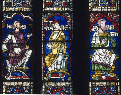 Noah, Terah and Jared three genealogical figures in the Great South Window of the south west transept Canterbury Cathedral, Kent England