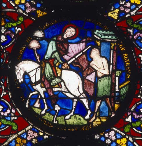 St Martin dividing his cloak, 13th century stained glass, north east transept, Canterbury Cathedral, Kent, England, Great Britain