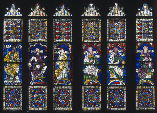 Six of the genealogical figures in The Great South Window of the south west transept Canterbury Cathedral, Kent, England