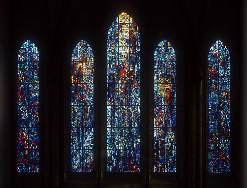 Salisbury Cathedral, Prisoners of Conscience window by Gabriel Loire, 1980, five lancets, Salisbury, England