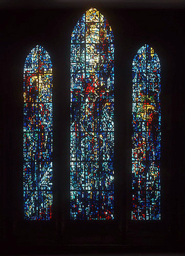 Salisbury Cathedral, Trinity Chapel, Prisoners of Conscience window, 1980, by artist Gabriel Loire, detail of lancets B,C,D,Salisbury, England