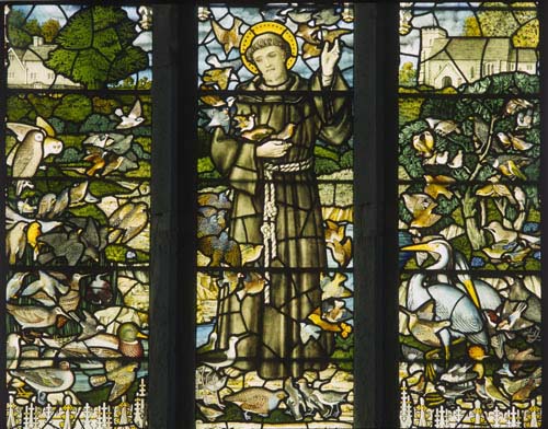 St Francis, Gilbert White memorial window, stained glass 1920 by Gascoyne and Hinks, Church of St Mary, Selborne, England, Great Britain