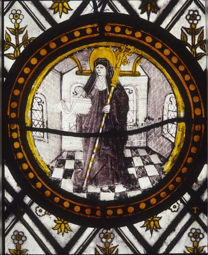 St Clare, 16th century Flemish stained glass roundel, Church of St John, Rownhams, Hampshire, England, Great Britain