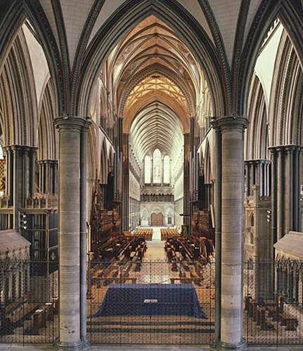 England, Salisbury Cathedral, a view of the Choir and Nave from the Trinity Chapel