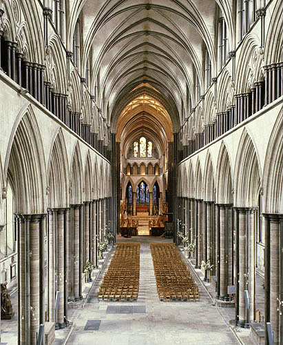 England, Salisbury Cathedral, Nave, Choir and the Prisoners of Conscience window beyond the Choir