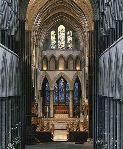 England, Salisbury Cathedral, the Choir and the Trinity Chapel beyond, view from west end of the Nave