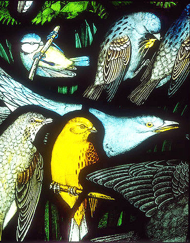Group of birds, Gilbert White Memorial Window of St Francis and the birds, Gascoyne and Hinks 1920, St Mary