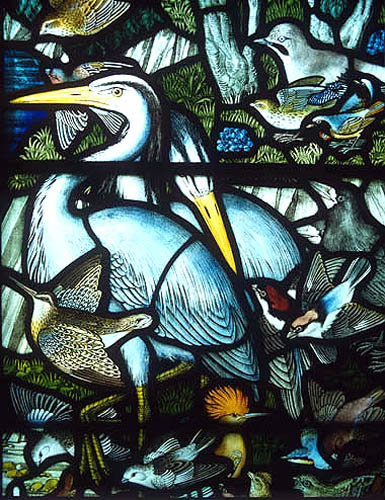 Heron, Gilbert White Memorial Window of St Francis and the birds, Gascoyne and Hinks 1920, St Mary