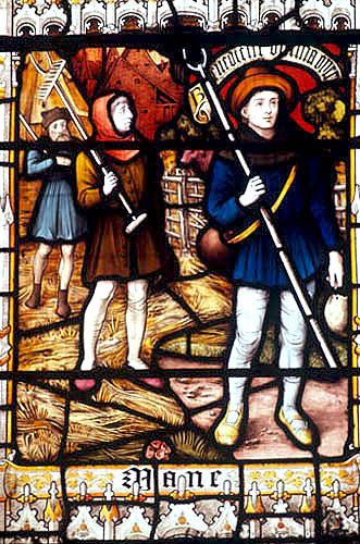 Labourers going to work, detail of nineteenth century panel, Wells Cathedral, Somerset, England