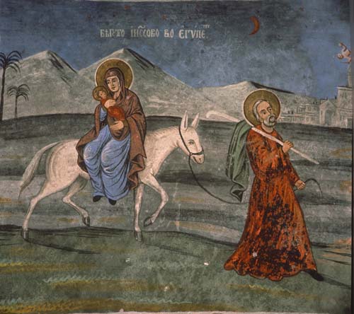 Flight into Egypt,16th century wall painting, Bellieu Church, Samakov, Bulgaria