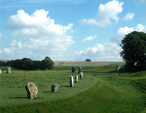 Stones, ditch and bank in part of southern sector, circa 3000 BC, neolithic henge monument, Avebury, Wiltshire, England
