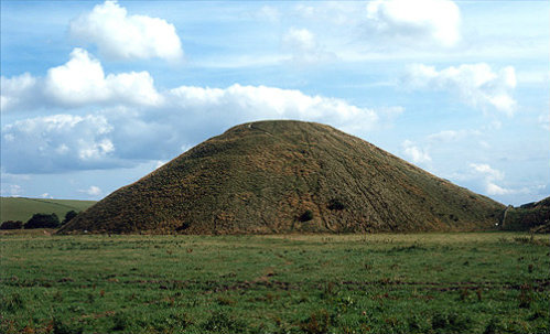 West aspect, Silbury Hill, prehistoric artificial chalk mound, constructed circa 2470 to 2350 BC, during neolithic period, Avebury, Wiltshire