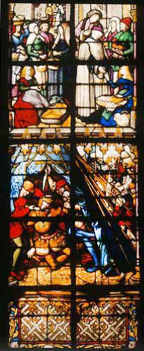 Tax on fairs and markets (top) Sigibert stabbed at Vitry in 575 AD (bottom) by Arnold van der Spits, fifteenth century, Cathedral of Notre Dame, Tournai, Belgium