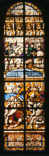 Tax on toll bridges (top), Sigibert defeating his brother, by Arnold van der Spits, fifteenth century, Cathedral of Notre Dame, Tournai, Belgium