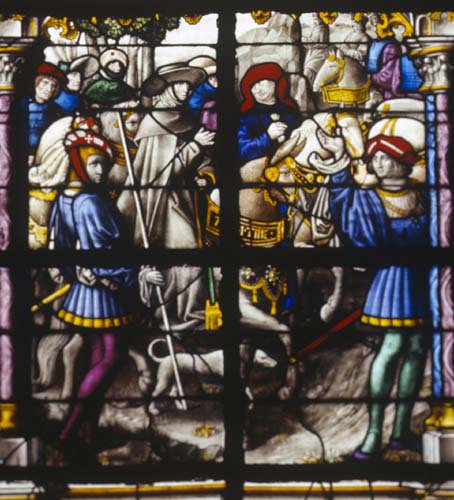 St Anselm on journey to Rome, stained glass 1500, Tournai Cathedral, Belgium